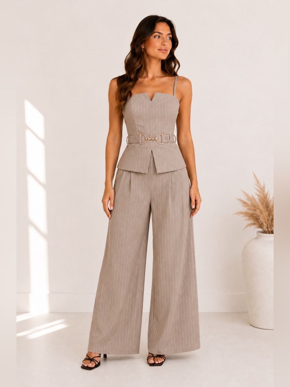 644. Sand Pinstripe Belted Vest & Wide-Leg Pants Set